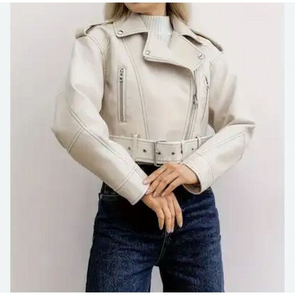 Zara Viral Cropped Faux Leather Moto Jacket Cream Size S NWT - Picture 1 of 9